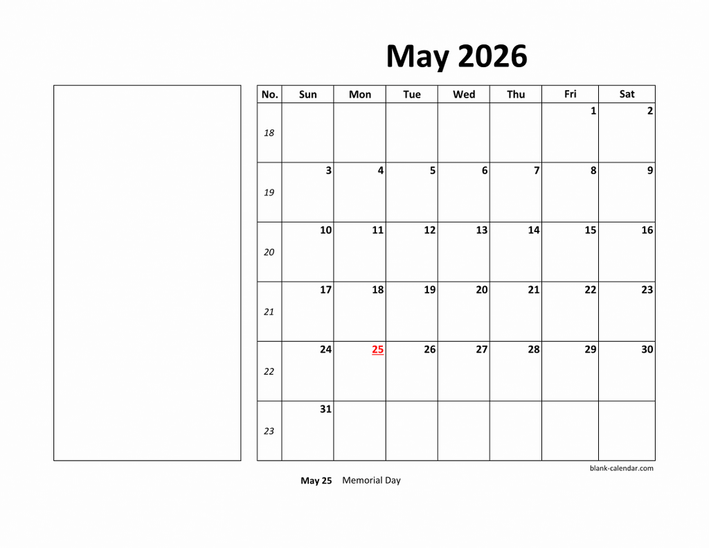 Free Download Printable May 2026 Calendar Large Box Holidays Listed 