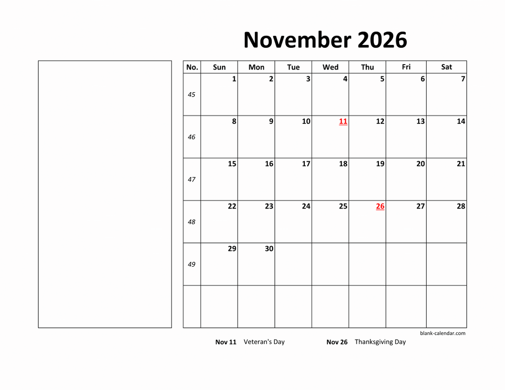 Free Download Printable November 2026 Calendar Large Box Holidays 