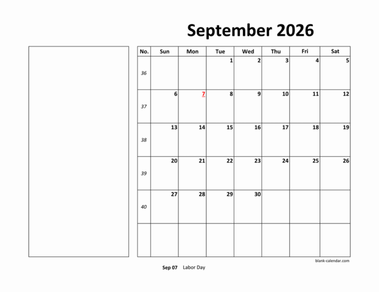 Free Download Printable September 2026 Calendar Large Box Holidays 