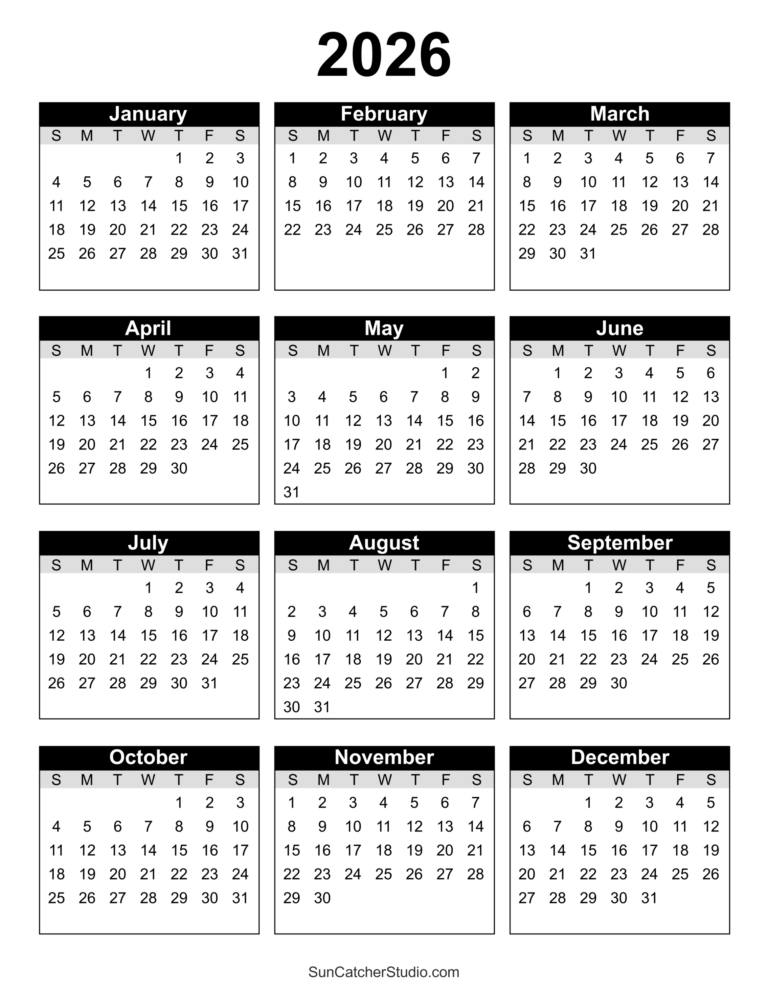 Free Printable 2026 Yearly Calendar DIY Projects Patterns Monograms 