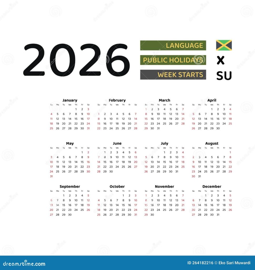 Jamaica Calendar 2026 Week Starts From Sunday Vector Graphic Design