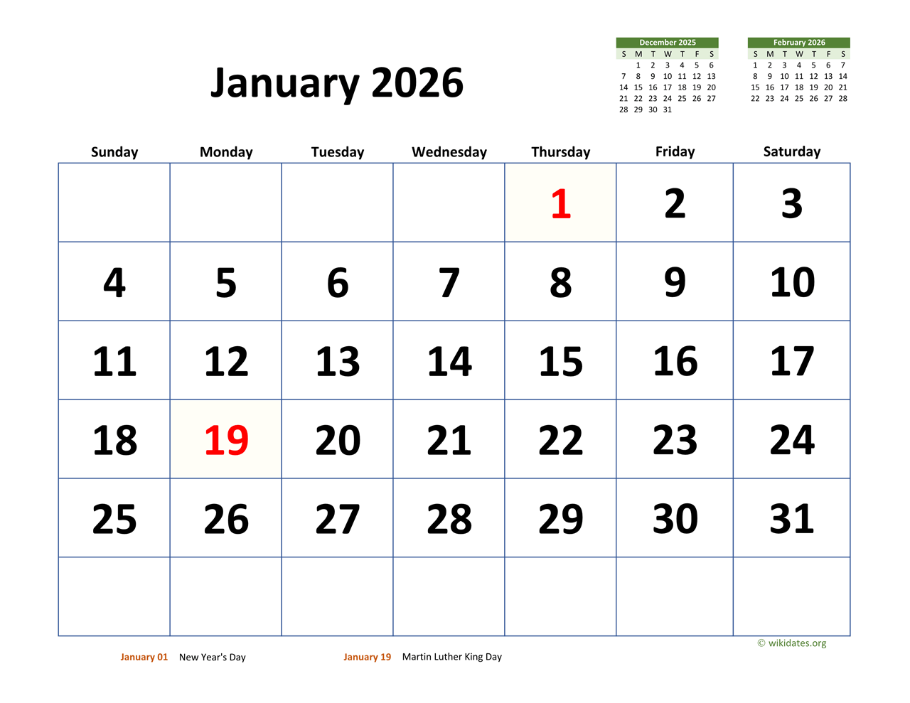 January 2026 Calendar With Extra large Dates WikiDates