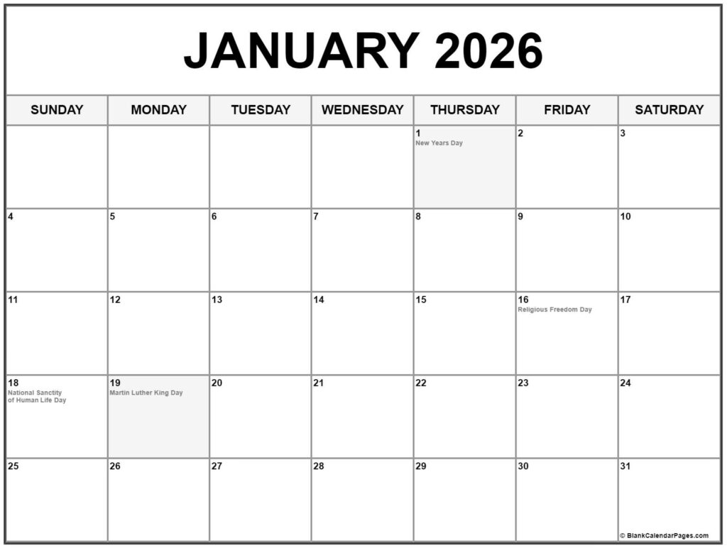 January 2026 With Holidays Calendar