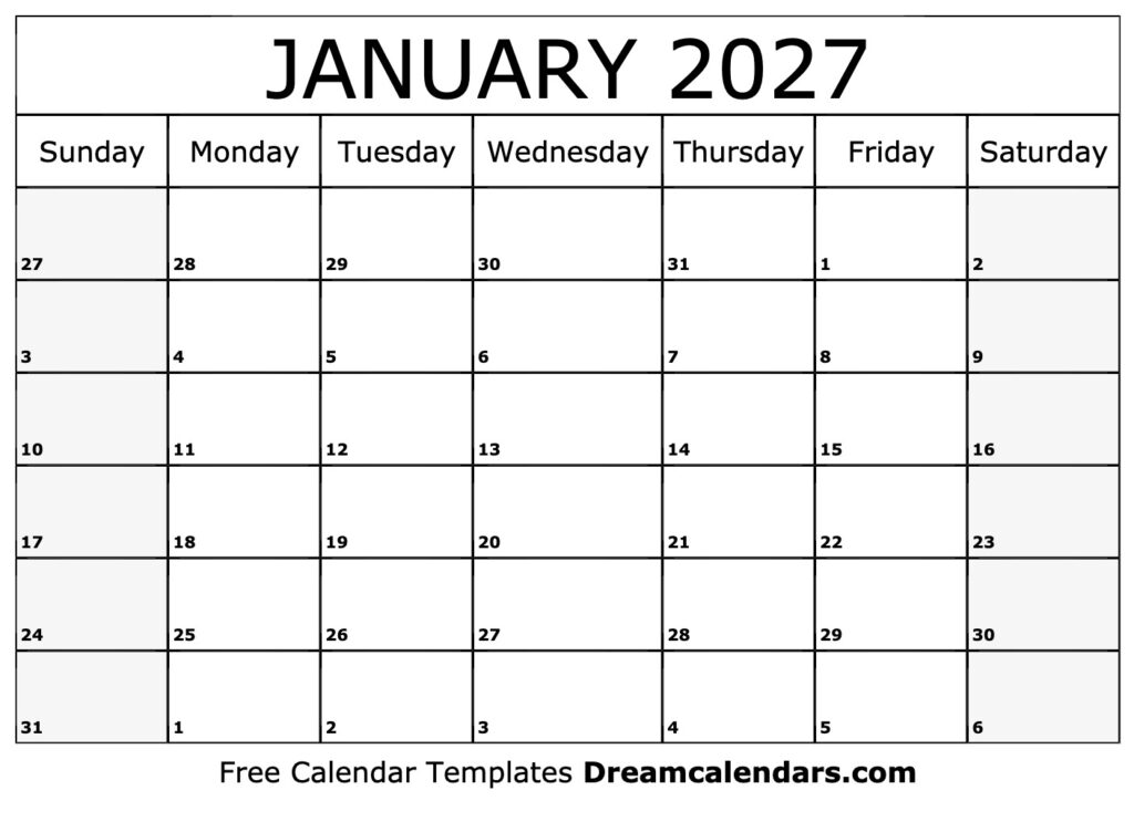 January 2027 Calendar Free Printable With Holidays And Observances