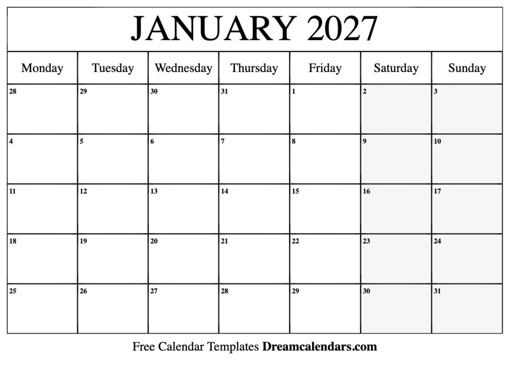 January 2027 Calendar Free Printable With Holidays And Observances