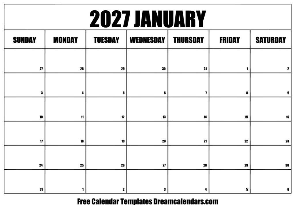 January 2027 Calendar Free Printable With Holidays And Observances