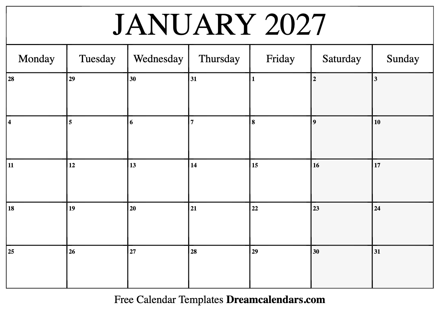 January 2027 Calendar Free Printable With Holidays And Observances