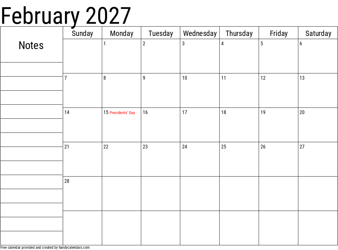 January 2027 Calendar With Notes And Holidays Handy Calendars