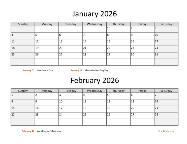 January And February 2026 Calendar WikiDates