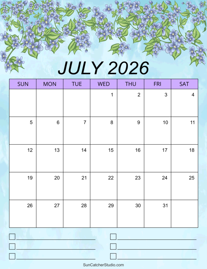 July 2026 Calendar Free Printable DIY Projects Patterns Monograms 