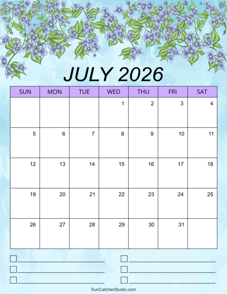 July 2026 Calendar Free Printable DIY Projects Patterns Monograms