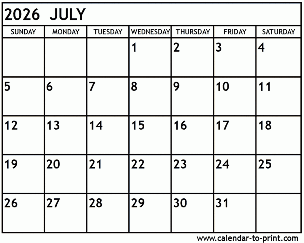 July 2026 Calendar Printable