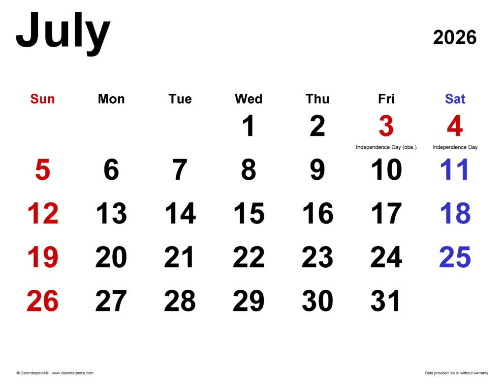 July 2026 Calendar Templates For Word Excel And PDF