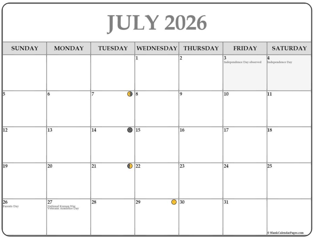 July 2026 Lunar Calendar Moon Phase Calendar