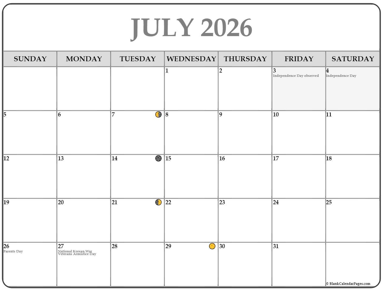 July 2026 Lunar Calendar Moon Phase Calendar