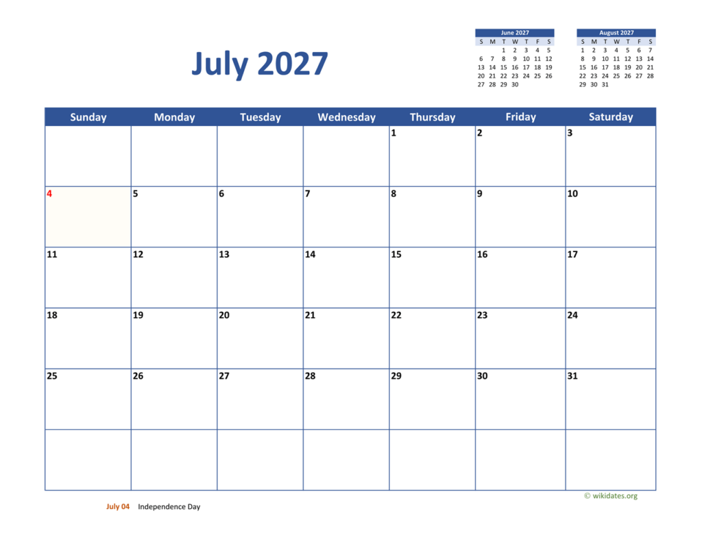 July 2027 Calendar Classic WikiDates