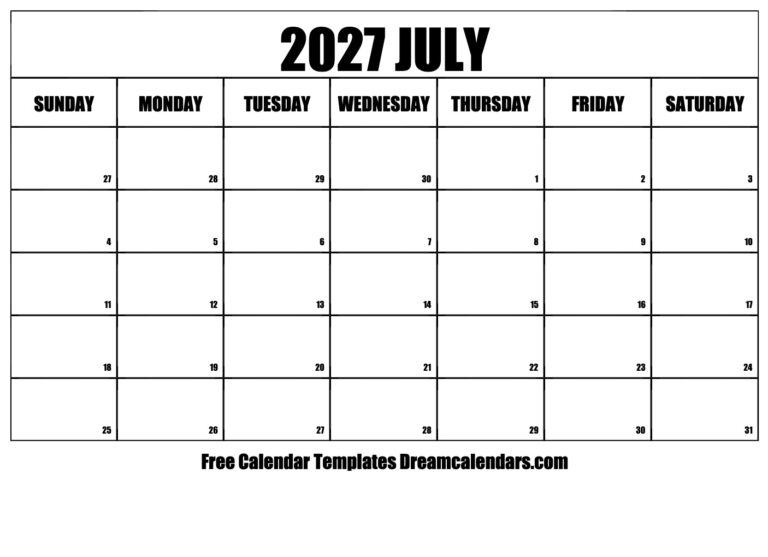 July 2027 Calendar Free Printable With Holidays And Observances