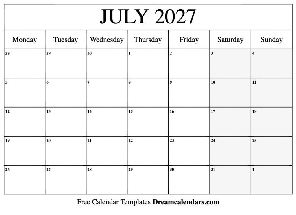 July 2027 Calendar Free Printable With Holidays And Observances