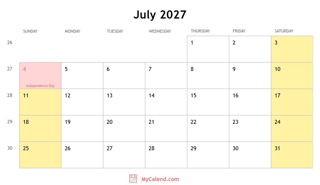 July 2027 Calendar With Holidays Monthly Printable Calendar