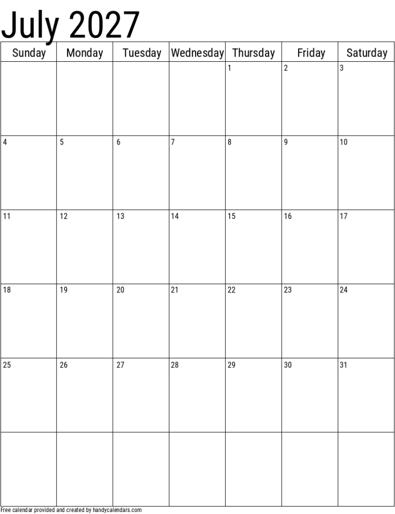 July 2027 Vertical Calendar With Holidays Handy Calendars