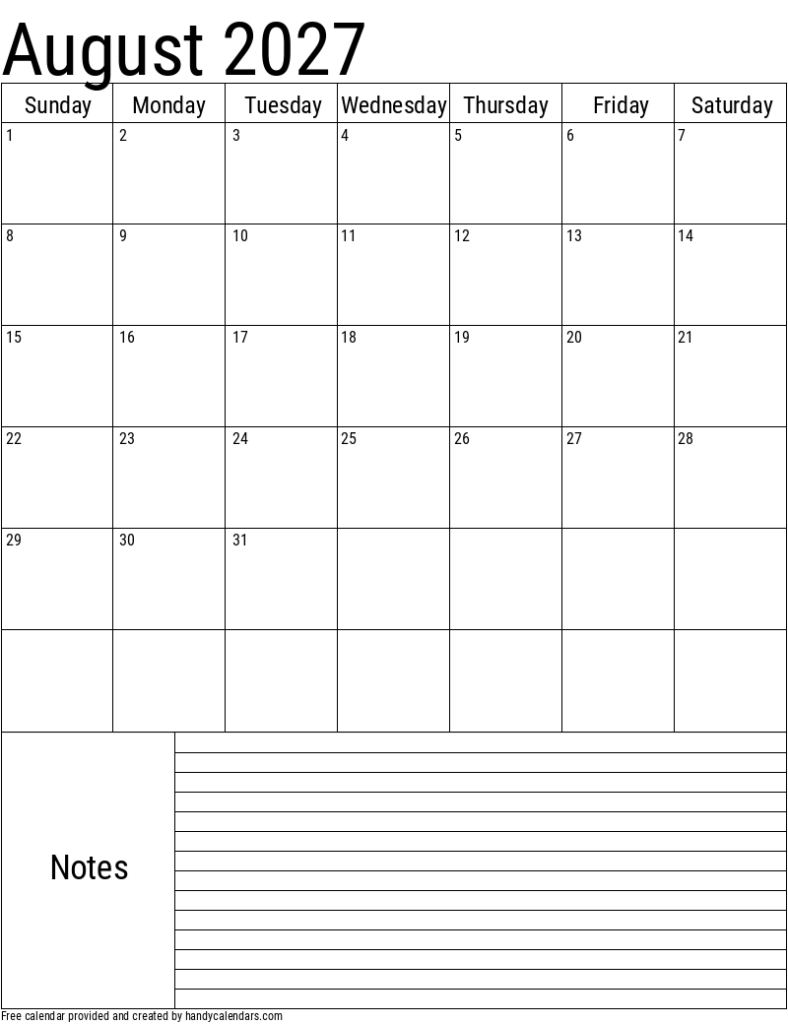 July 2027 Vertical Calendar With Notes Handy Calendars