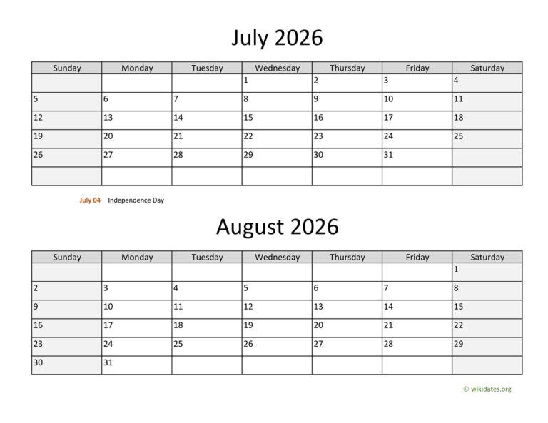 July And August 2026 Calendar WikiDates