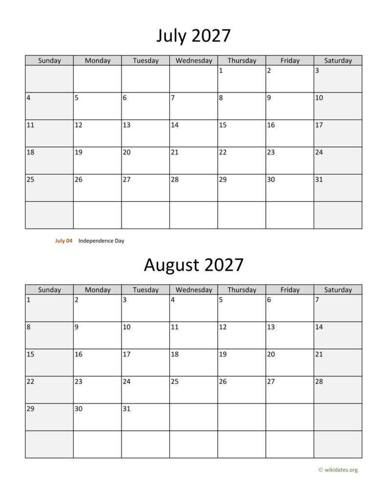 July And August 2027 Calendar WikiDates