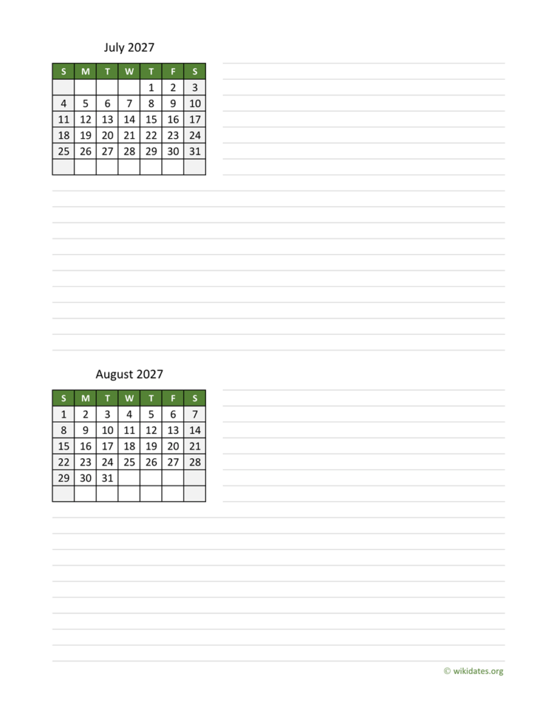 July And August 2027 Calendar WikiDates