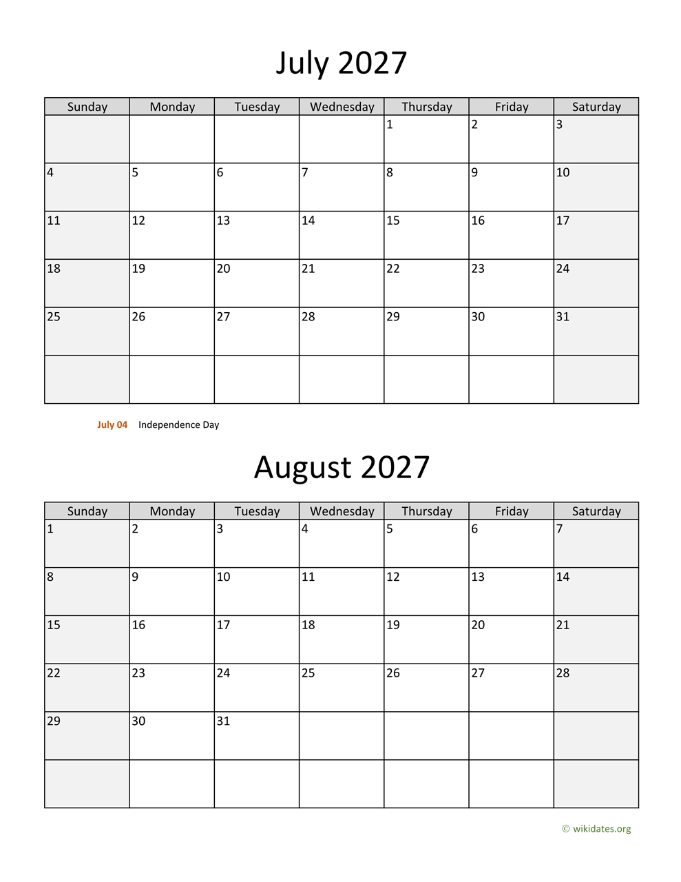 July And August 2027 Calendar WikiDates