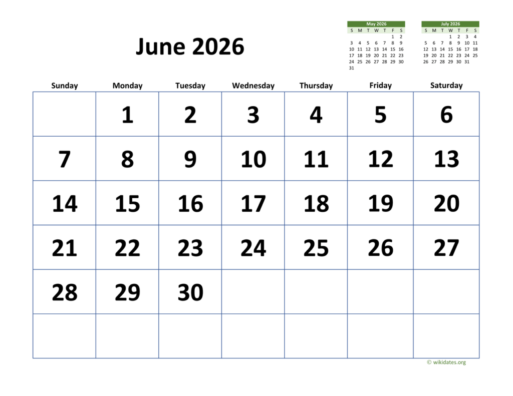 June 2026 Calendar With Extra large Dates WikiDates