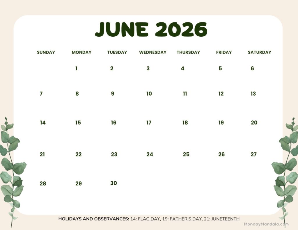 June 2026 Calendars 52 Free PDF Printables