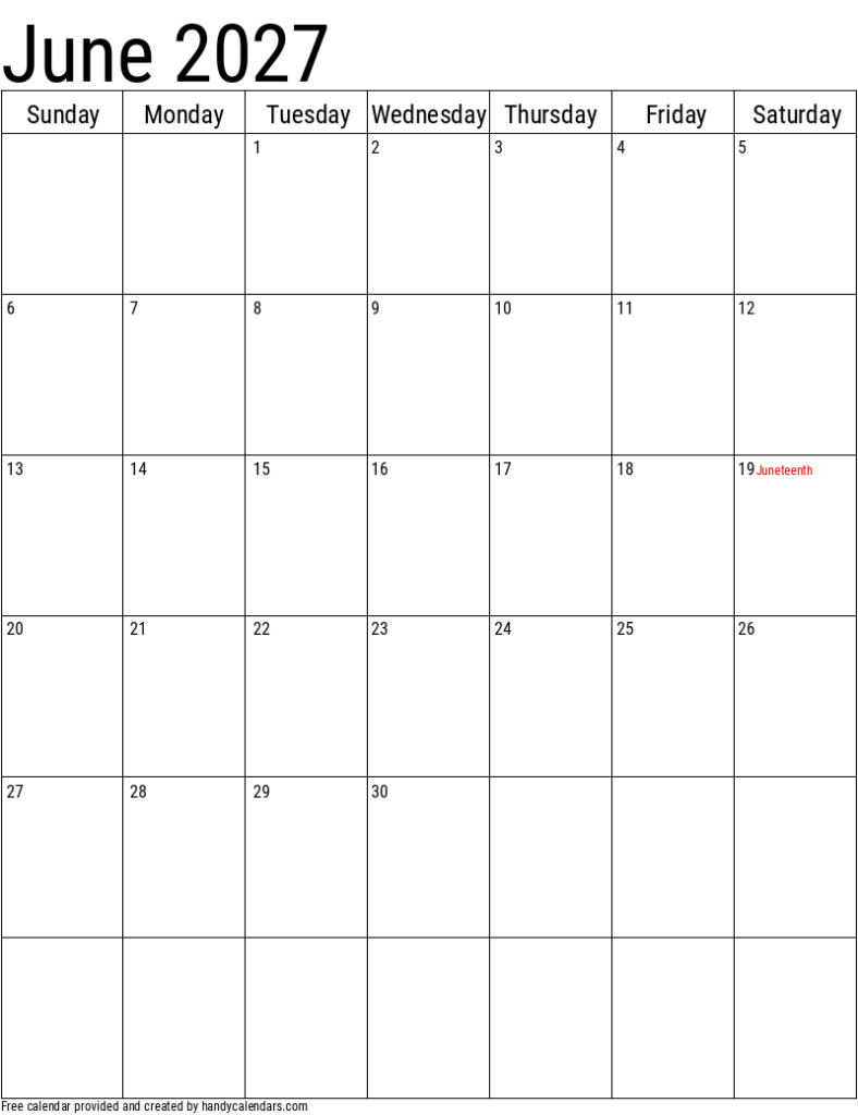 June 2027 Vertical Calendar With Holidays Handy Calendars