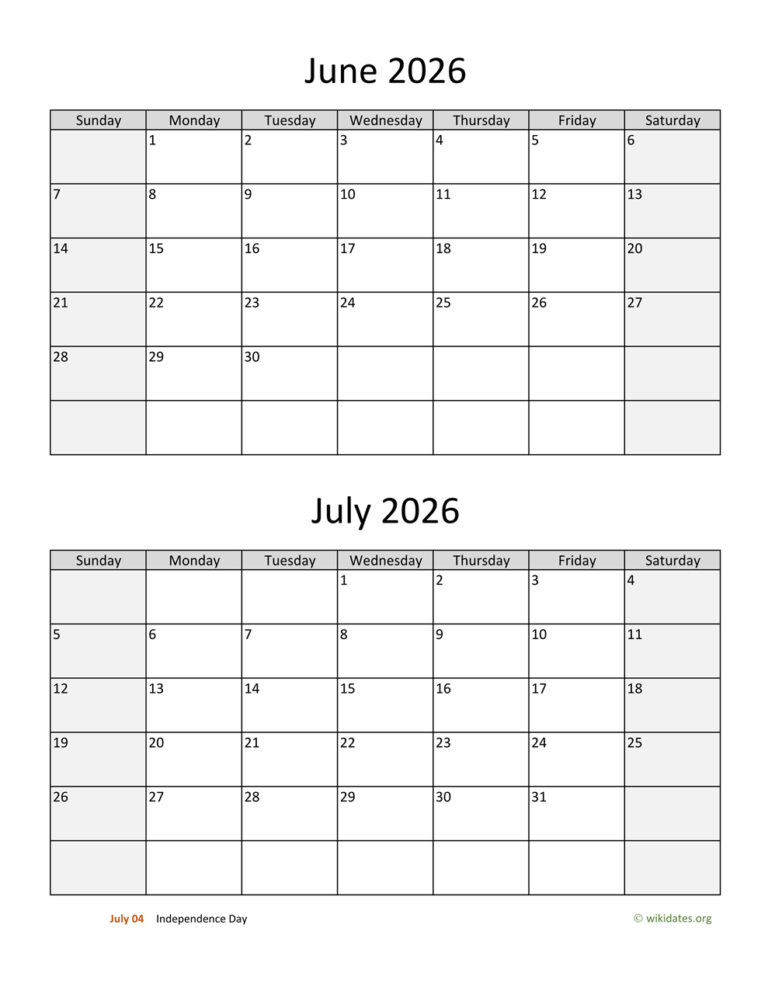 June And July 2026 Calendar WikiDates