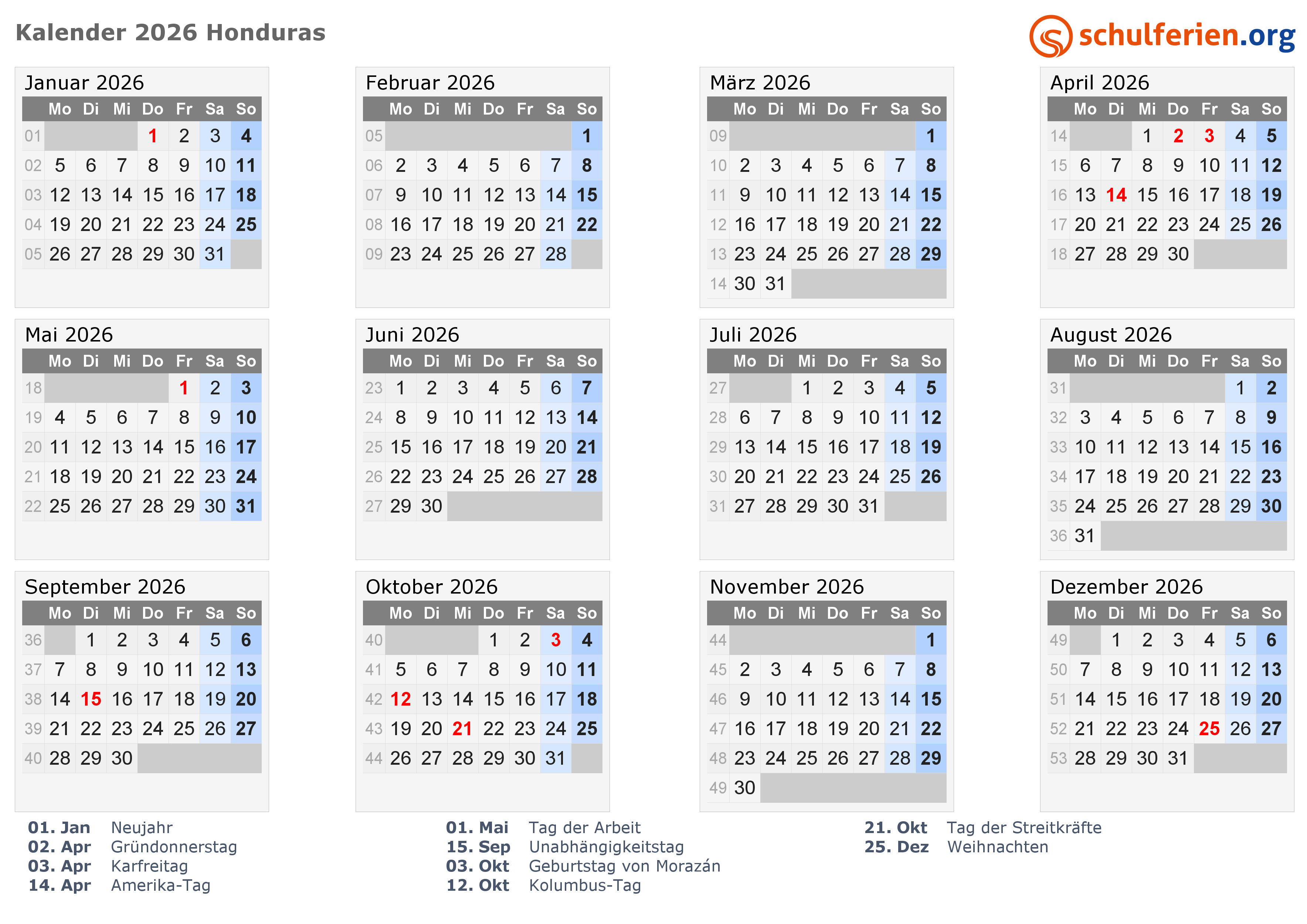 Kalender Honduras 2026 Mit Feiertage