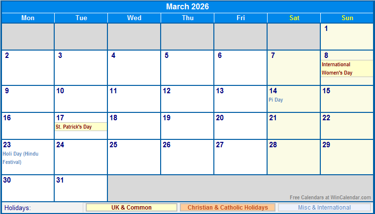 March 2026 UK Calendar With Holidays For Printing image Format 