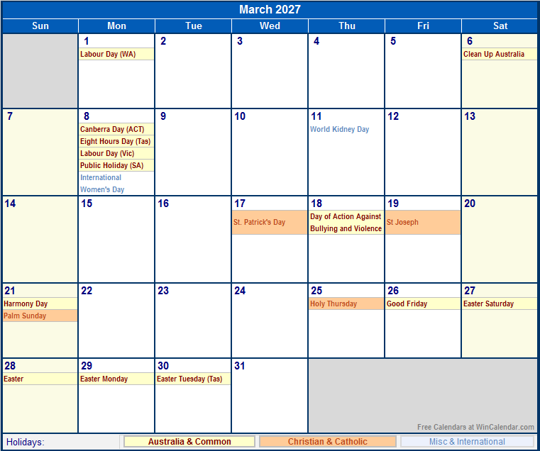 March 2027 Australia Calendar With Holidays For Printing image Format 