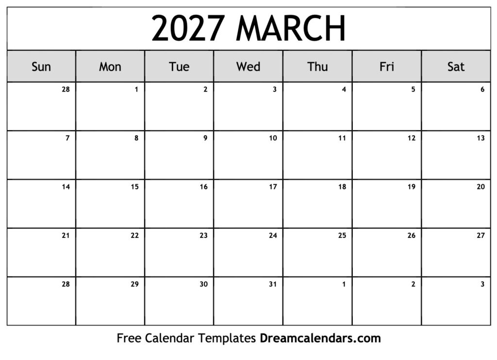 March 2027 Calendar Free Printable With Holidays And Observances