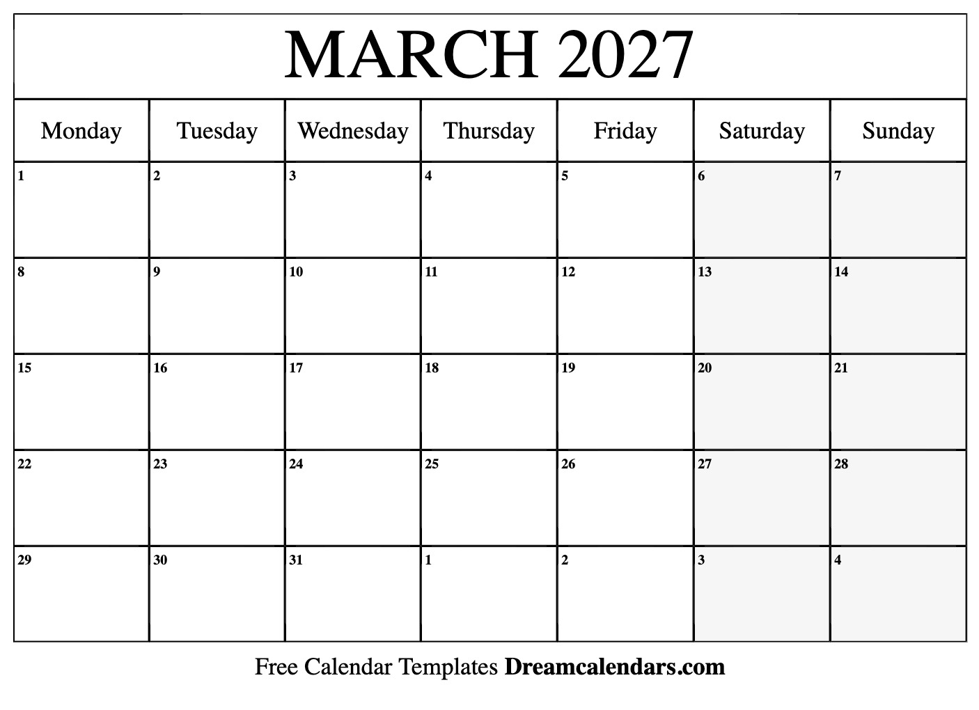 March 2027 Calendar Free Printable With Holidays And Observances