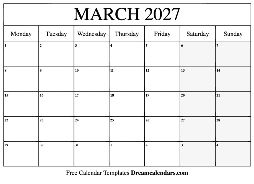 March 2027 Calendar Free Printable With Holidays And Observances