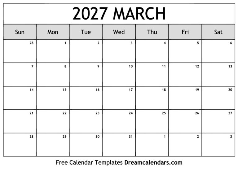 March 2027 Calendar Free Printable With Holidays And Observances