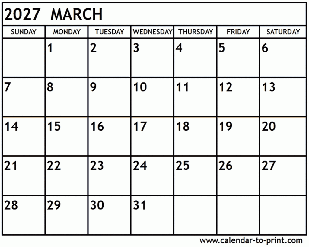 March 2027 Calendar Printable