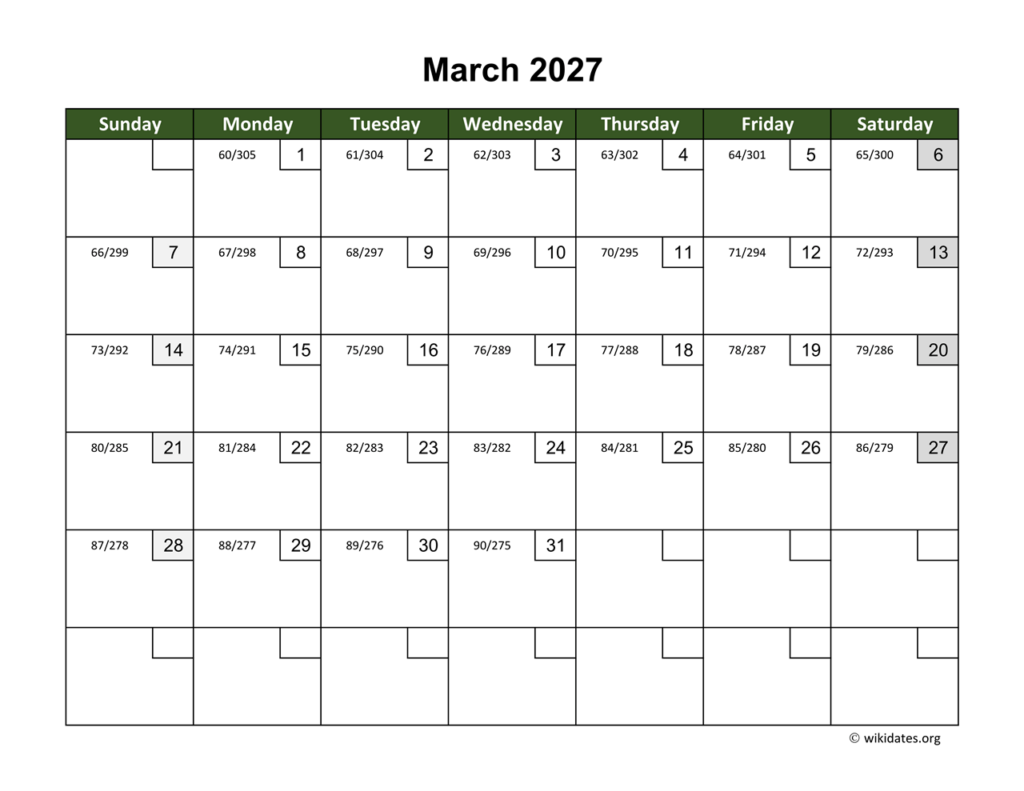 March 2027 Calendar With Day Numbers WikiDates