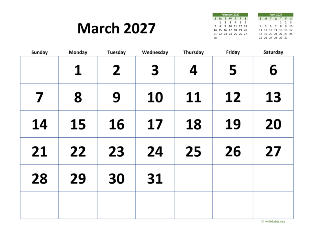 March 2027 Calendar With Extra large Dates WikiDates