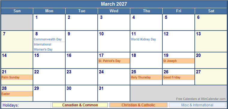 March 2027 Canada Calendar With Holidays For Printing image Format 