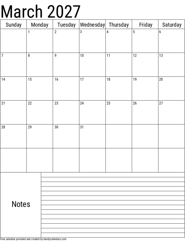 March 2027 Vertical Calendar With Notes Handy Calendars