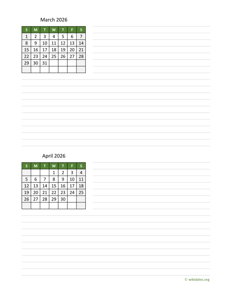 March And April 2026 Calendar WikiDates