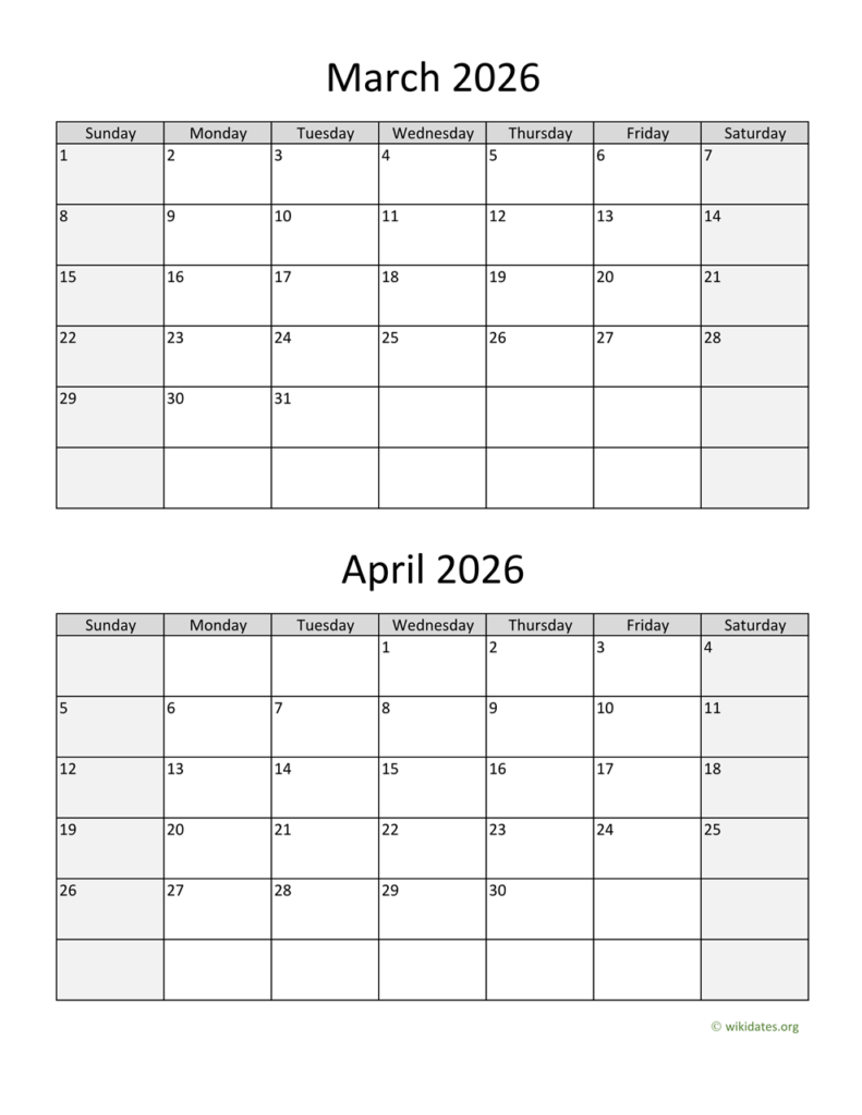 March And April 2026 Calendar WikiDates