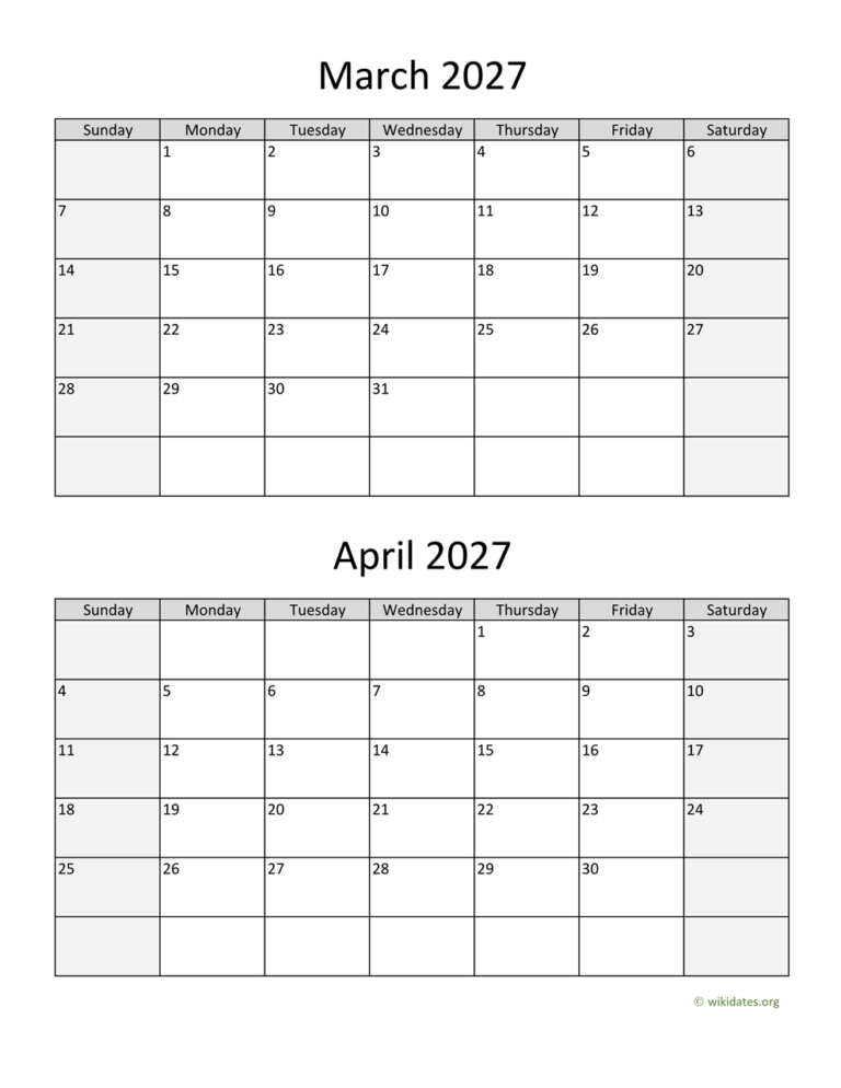 March And April 2027 Calendar WikiDates