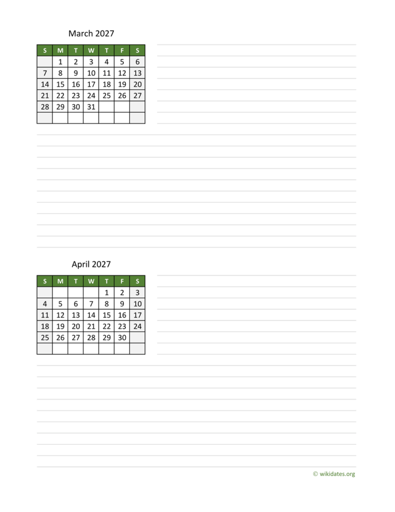 March And April 2027 Calendar WikiDates