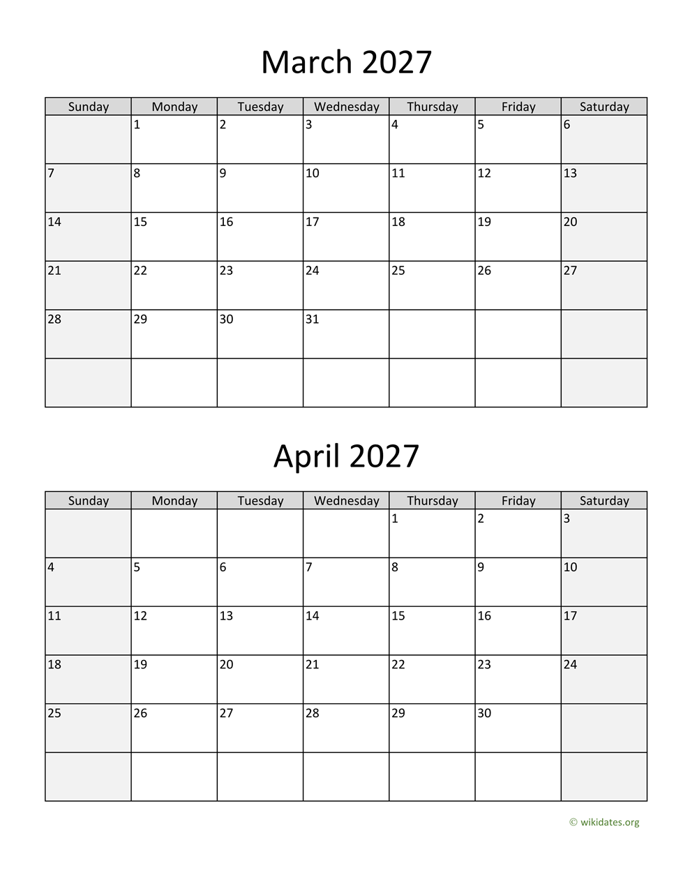 March And April 2027 Calendar WikiDates